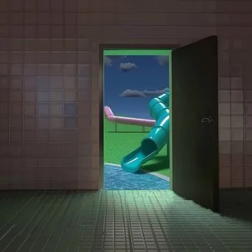 Open door revealing a teal slide.