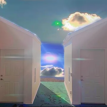 White doors opening toward luminous clouds.