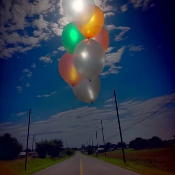 Balloons beneath a brilliant blue sky.