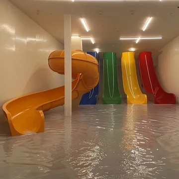 Rainbow slides inside a pale indoor pool room.