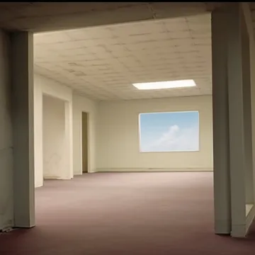 Empty room framing a distant blue window.