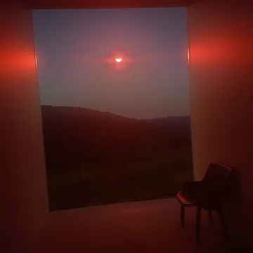 Chair beside an opening onto a red sun.