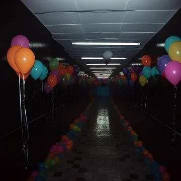 Balloons in a long dark reflective corridor.