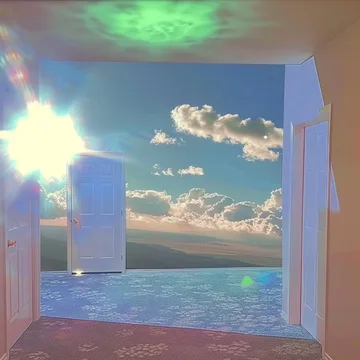 Open room framing towers and blue water.