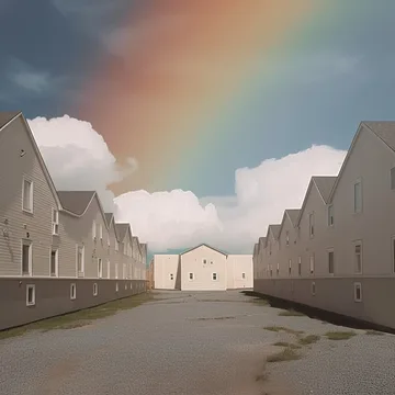 Empty street of pale houses below a rainbow.