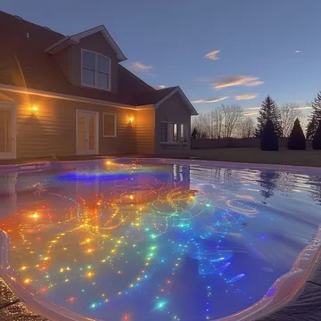 Glowing reflections in a suburban pool at dusk.