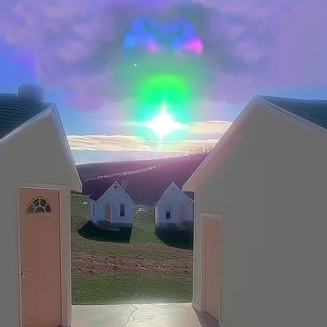 Door framing houses beneath a bright green sky.