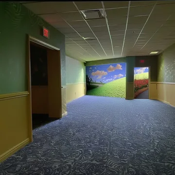 Blue-carpeted hallway opening toward a painted landscape.