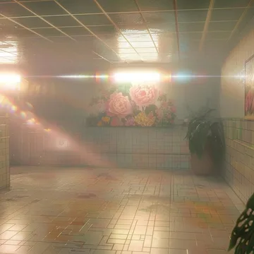 Rainbow light reflecting in a tiled room.