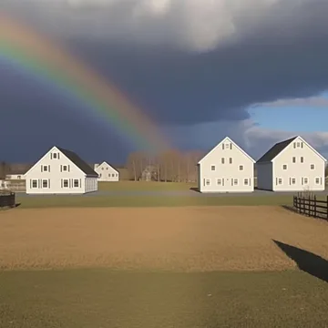 Rainbow over distant white houses.