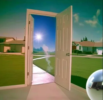 Door standing on a lawn beside a reflective sphere.