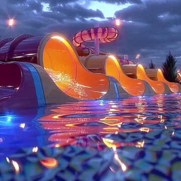 Rainbow water slides glowing at night.