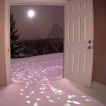 Snowy doorway beneath a pale moon.