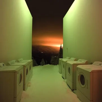 Washing machines lining a passage toward sunset.