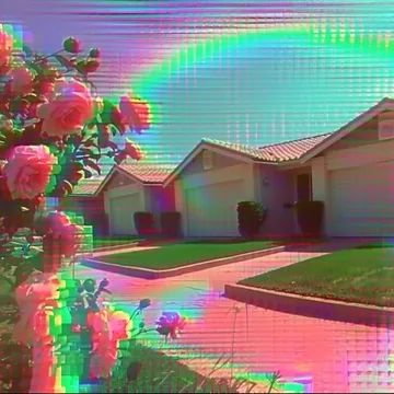 Rainbow and roses across a distorted suburban scene.
