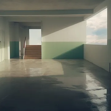 Water across the floor of a pale empty room.