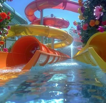Spiral water slide surrounded by flowers.