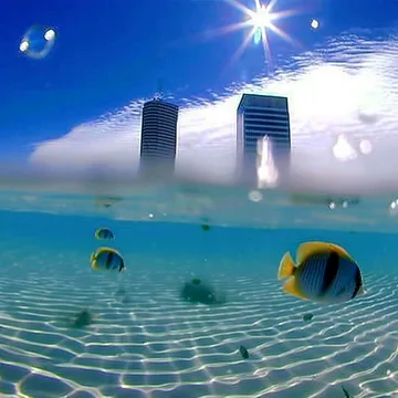 Fish beneath water with towers above clouds.