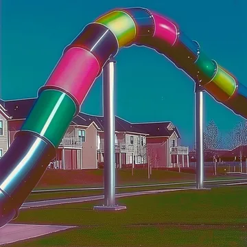 Rainbow tube slide above a suburban lawn.