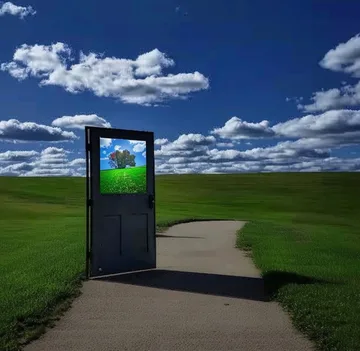 Blue door standing on a path through a green field.