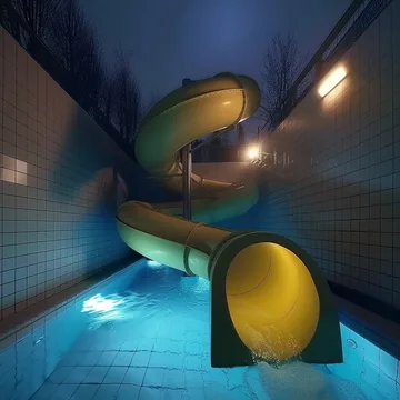 Yellow tube slide in a blue-tiled indoor pool.