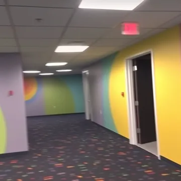 Colorful doors along an empty corridor.