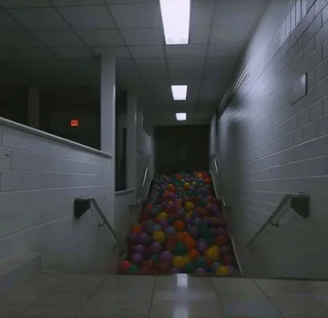 Colored balls on a stairway in a gray corridor.