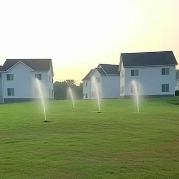 Thin fountains on a lawn between houses.