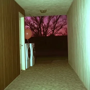 Washing machines beyond a doorway facing a pink sky.