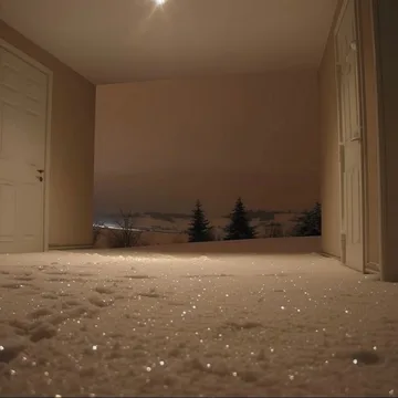 Empty beige room opening onto a snowy night.