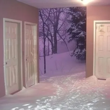 Open doors to snow-covered trees under a purple sky.