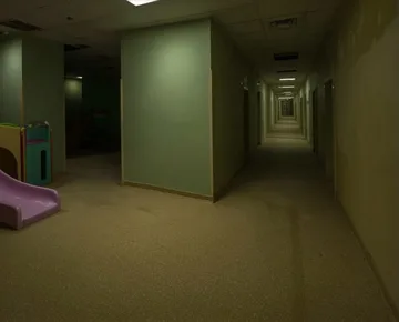 Empty green basement with adjoining doorways.