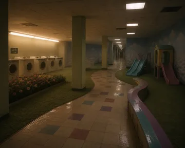 Indoor water channel beside a tropical mural.