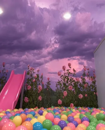 Pink slide and balloons beneath a purple moon.