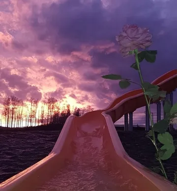 Pink water slide beneath a purple sunset.