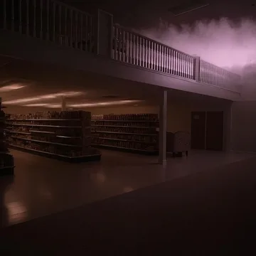 Empty shelves beneath a hazy purple light.