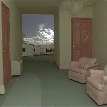Pink chairs in a room with an open doorway.