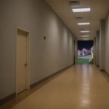 Long beige corridor opening onto purple clouds.
