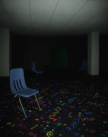 Blue chairs beside a dark patterned room.