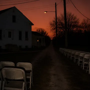 Folding chairs along a road beside a house at sunset.