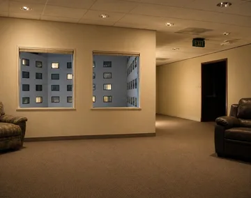 Empty room with a grid of small windows.
