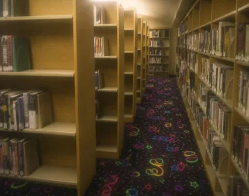 Bookshelves beside a long patterned aisle.