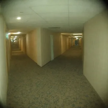 Green carpeted basement with repeating doorways.