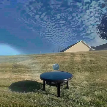 Round blue table in a wide grassy landscape.