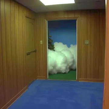 Cloud at the end of a wood-paneled hallway.