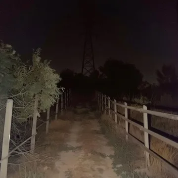 Wooden bridge disappearing into the night.