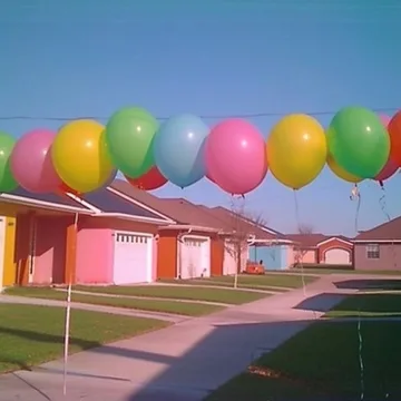 Balloons above a pastel suburban street.